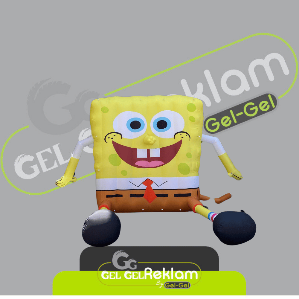 Sünger Bob tasarımlı özel şişme gel gel reklam balonu, gri zemin üzerinde Gel Gel Reklam logosuyla GelGelReklam